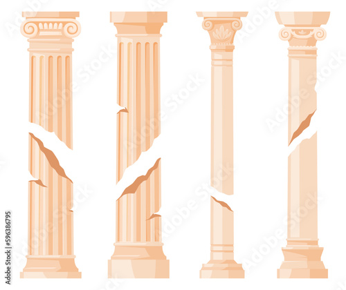 Ruined Ancient Roman or Greek pillars with cracks. Ancient architecture clones for pantheon, temple. Beautiful decorated pillars. Vector illustration