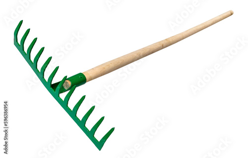 Bilde på lerret steel rake with tines pointing up with wooden handle isolated on white backgroun