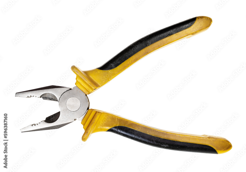 big used open pliers with yellow and black rubber handle isolated on white background big used open pliers with yellow and black rubber handle isolated on white background