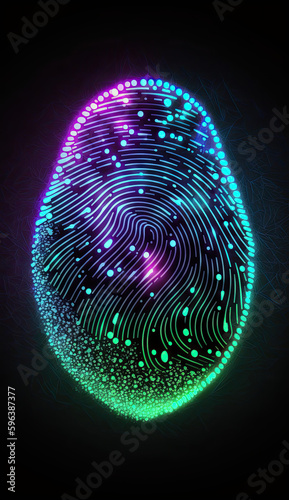 Biometrics identification and cyber security concept. Glowing neon fingerprint on AI background