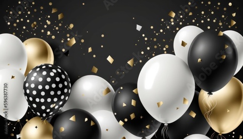 Background in black  golden and white of happy birthday or anniversary balloons and confetti generative ai