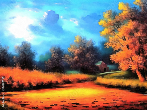 Beautiful nature landscape painting on paper canvas. Generative AI © Tilra
