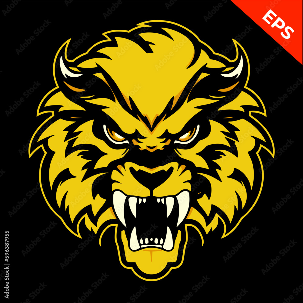 Angry lion, Warrior lion vector, yellow color. Isolated vector sign symbol