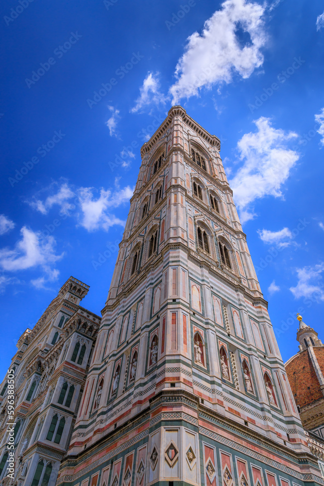 Giotto's Bell Tower in Florence, Italy. The majestic bell tower of Cathedral of Santa Maria del Fiore  is a masterpiece of the Italian Gothic.