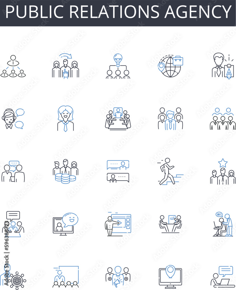 Public relations agency line icons collection. Marketing firm, Communication company, Promotion agency, Reputation management, Media relations, Brand publicity, Advertising organization Generative AI