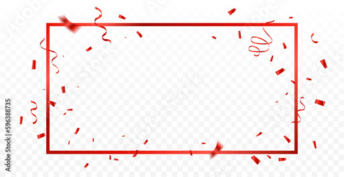 Red Frame And Confetti With Ribbons Falling On Transparent Background. Celebration Event And Birthday. Grand Opening. Vector