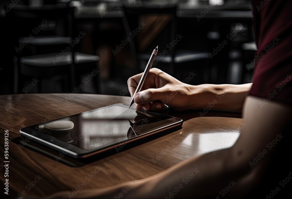 man writing on tablet next to coffee on the table Generative AI