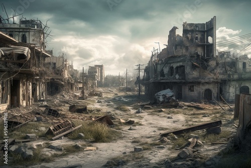 Destroyed city with ruined buildings and debris. Apocalyptic background. Generative AI
