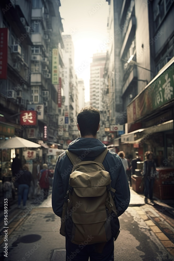 Fototapeta premium A man with a backpack walking down a street