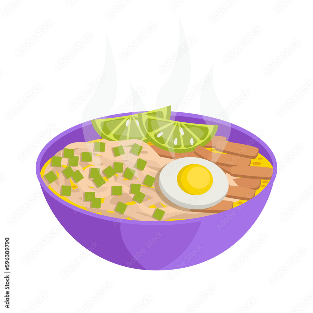 Noodles soup. Noodles, chicken meat, vegetables, broth, chopped green onions and boiled egg. Decorated with lime. Vector graphic. Noodles soup. Noodles, chicken meat, vegetables, broth, chopped green onions and boiled egg. Decorated with lime. Vector graphic.