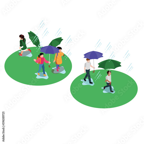 Happy Kids Walk under Umbrella 3d isometric vector illustration concept for banner, website, landing page, ads, flyer template