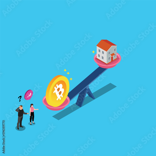 Future value of btc - Bitcoin vs property investment 3d isometric vector illustration concept for banner, website, landing page, ads, flyer template