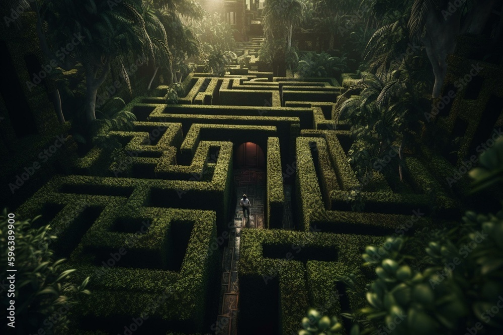 Challenging journey through maze to reach vacation. Generative AI