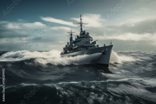 Warship sailing on the ocean. Generative AI