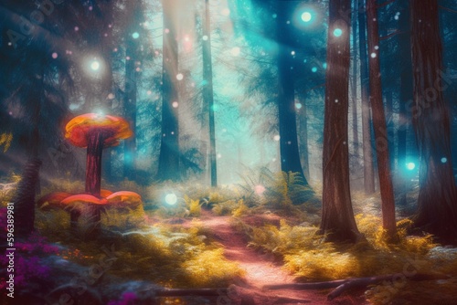 Enchanting fairytale forest with majestic pines, mystical grove & magical energy. Watercolor fantasy backdrop. Generative AI