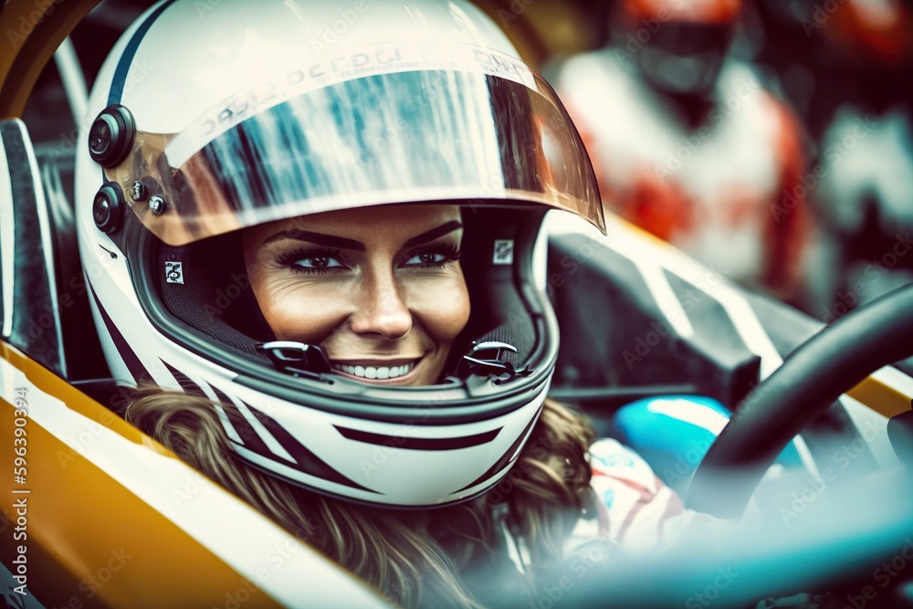 A female race car driver wearing a helmet inside the cockpit. Ai generated.