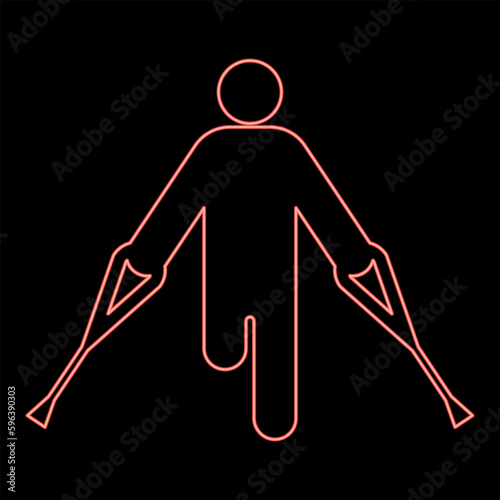 Neon man with broken leg crutch cane gypsum foot stick using sticks person crutches trauma concept red color vector illustration image flat style