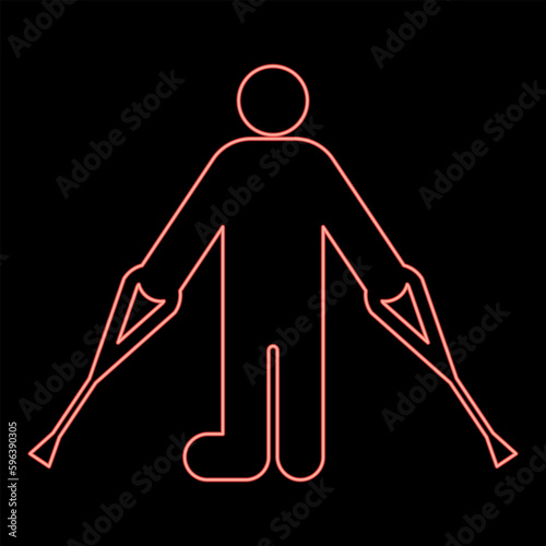 Neon man with broken leg crutch cane gypsum foot stick using sticks person crutches trauma concept red color vector illustration image flat style