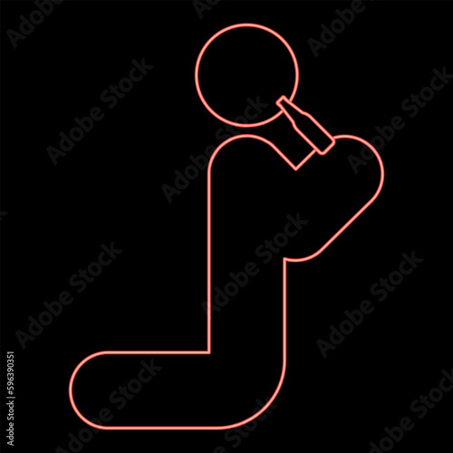 Neon man drinking alcohol from bottle of beer wine drunk people concept stick use beverage drunkard booze stands on the knees red color vector illustration image flat style