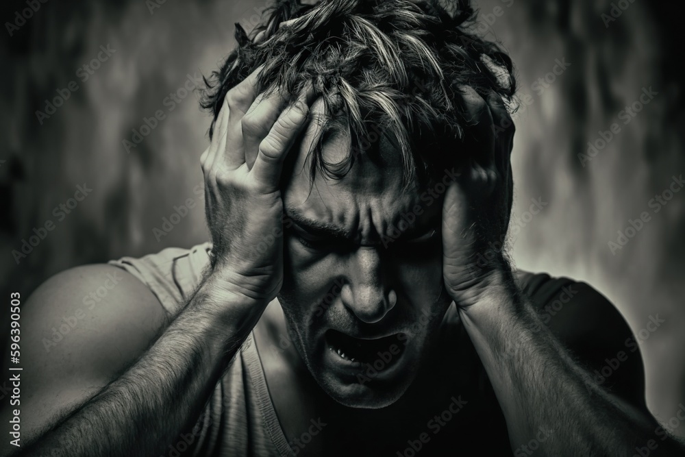Black and white portrait of despair and anguish. Ai generated.