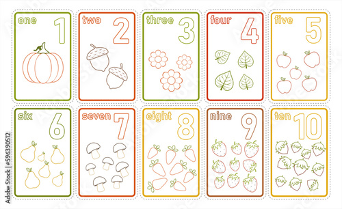 Printable numbers flashcards with vegetables and fruits for preschool learning. Math for kids from 1 to 10. Cartoon style vector count flash cards. Coloring page. Vector