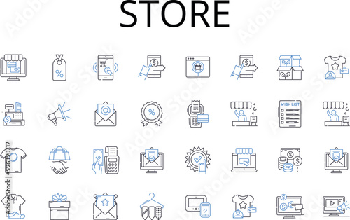 Store line icons collection. Shop, Boutique, Market, Emporium, Outlet, Mart, Booth vector and linear illustration. Stall,Warehouse,Depot outline signs set Generative AI