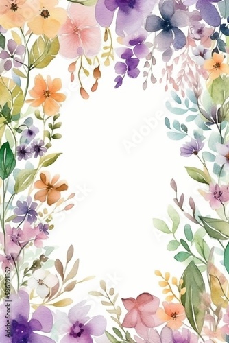 Spring flowers and leaves border rectangle  created with generative AI