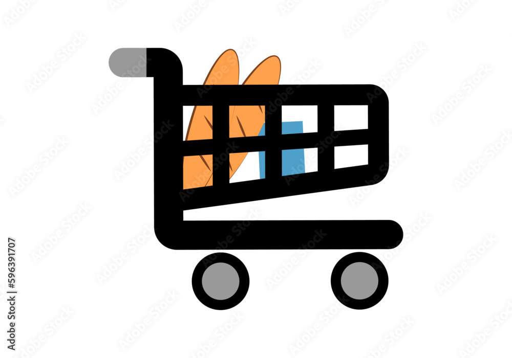 Compras, Supermercado. Carrito de supermercado con dos barras de pan y un paquete de leche sobre fondo blanco.