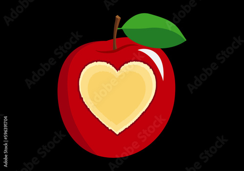 Manzana roja con la mordida en forma de corazón sobre fondo negro