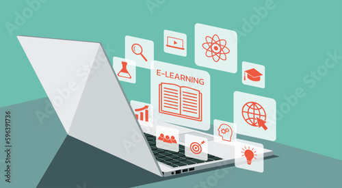 E-learning concept, education online on laptop showing icon, vector flat illustration