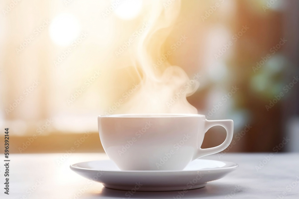 White Coffee Cup on Wooden Table Top with Living Room Background. Copy Space for Home Concept White Coffee Cup on Wooden Table Top with Living Room Background. Copy Space for Home Concept