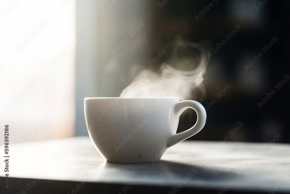 Fototapeta premium White Coffee Cup on Wooden Table Top with Living Room Background. Copy Space for Home Concept