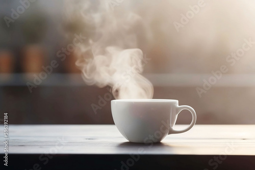 White Coffee Cup on Wooden Table Top with Living Room Background. Copy Space for Home Concept