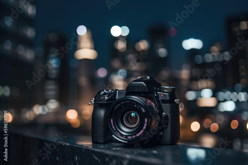 Dslr camera in the front with bokeh effect of the cityscape in the background. Generative AI