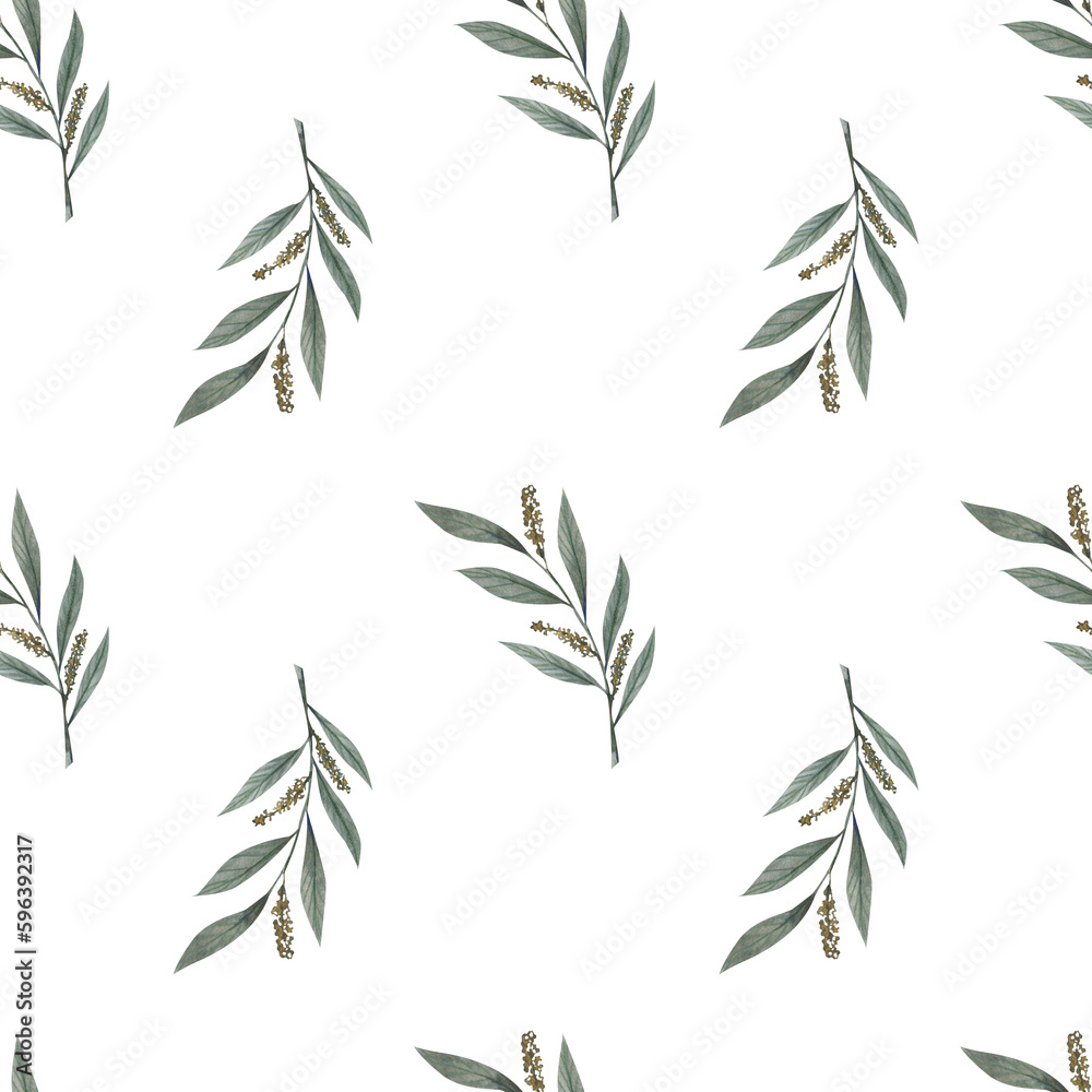 Seamless floral pattern with watercolor green branches with leaves. Hand drawn illustration. Perfect for fabric design, printing in polygraphy, textile design, notebooks, covers, etc