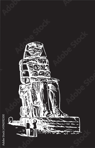  Colossi of Memnon isolated on black graphical illustration, landmark of ancient Egypt.
Statue of  Pharaoh Amenhotep III.Vector