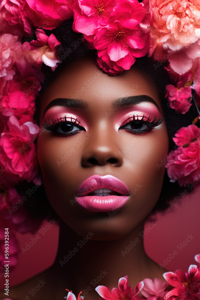 Not real Person. Portrait of a beautiful young african woman's face with pink makeup surrounded with many flower blooms. Generative AI