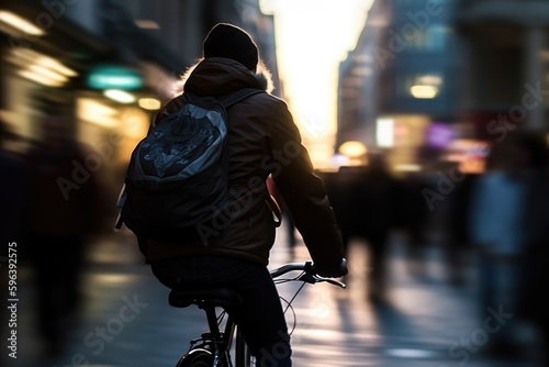 Photo of a person riding a bike in the city crowd under the lights at night in the city, and among the crowds of people. Generative AI.