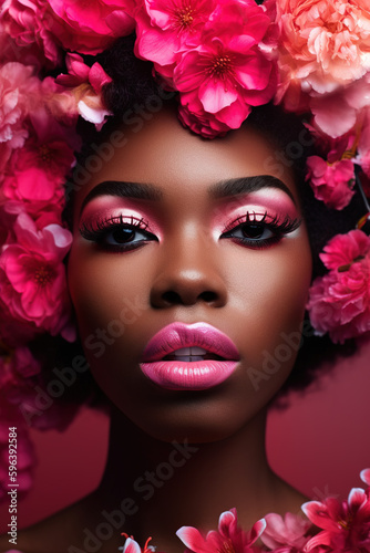 Not real Person. Portrait of a beautiful young african woman s face with pink makeup surrounded with many flower blooms. Generative AI