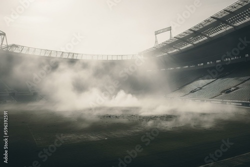 Monochrome smoke, dust or haze obscuring the stadium field. Generative AI