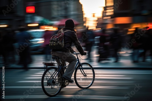 Photo of a person riding a bike in the city crowd under the lights at night in the city, and among the crowds of people. Generative AI. © Mustafa