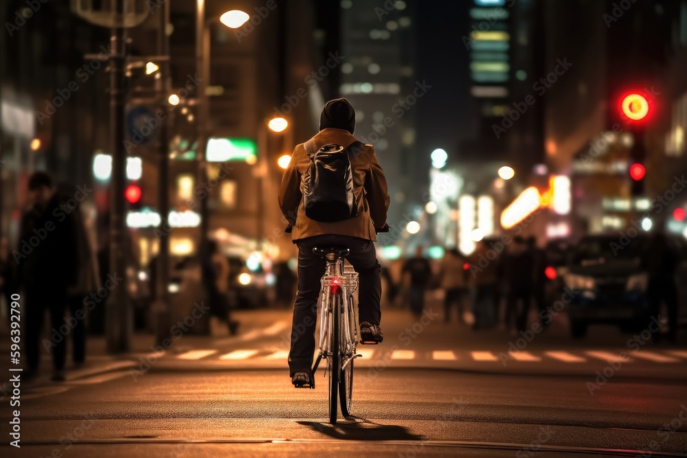 Photo of a person riding a bike in the city crowd under the lights at night in the city, and among the crowds of people. Generative AI.