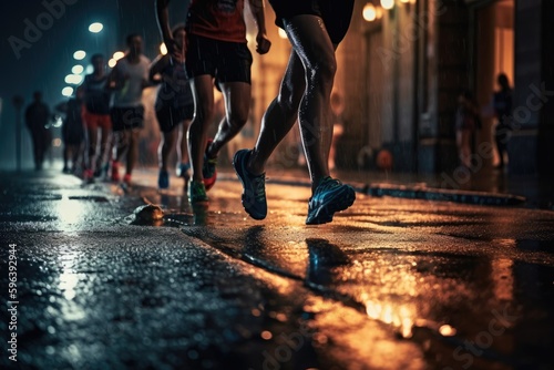 Photo of an athletes jogging in front of bokeh lights at night in the city. Generative AI