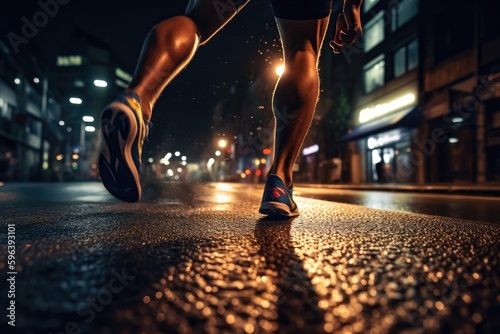 Photo of an athlete jogging in front of bokeh lights at night in the city. Generative AI