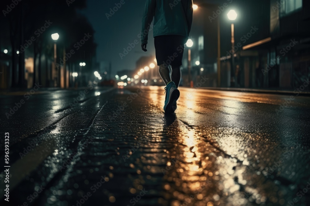 Fototapeta premium Photo of an athlete jogging in front of bokeh lights at night in the city. Generative AI