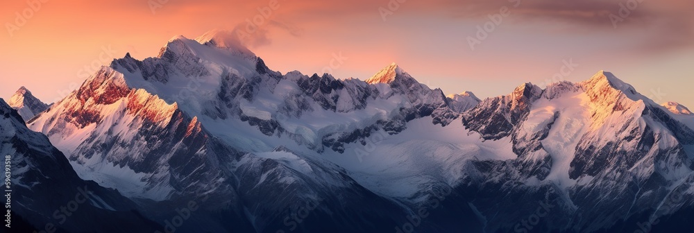 A captivating mountain range with snow-capped peaks reflecting the glow of a rising sun, concept of Natural beauty, created with Generative AI technology