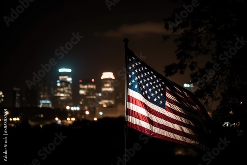 Photo of american flag in front of bokeh effect of cityscape in background. Generative AI