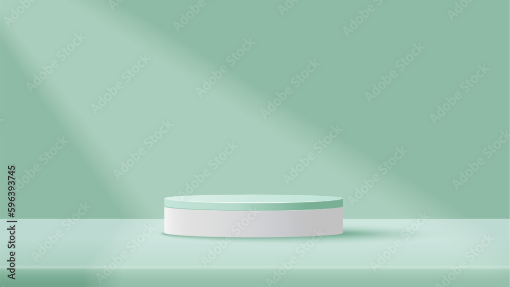 Podium platform to show product with natural light background. Green minimal scene for product display presentation Podium platform to show product with natural light background. Green minimal scene for product display presentation