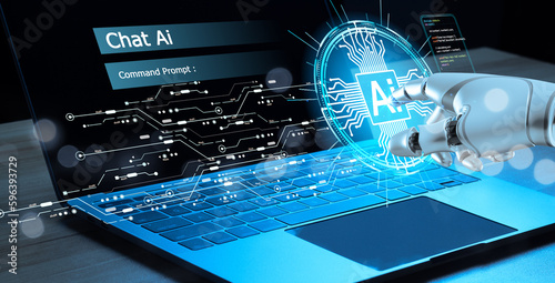 Robot hand Chat with AI, Artificial Intelligence. Technology smart robot AI Concept, artificial intelligence by enter command prompt for generates something, Futuristic technology transformation. photo