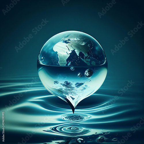 Fototapeta Naklejka Na Ścianę i Meble -  Water drop with planet earth inside, environment issue, scarcity of sustainable eco friendly resources, world water day, generative AI